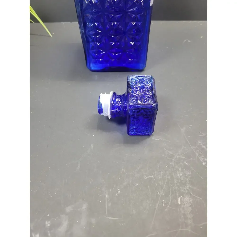 Vintage MCM Cobalt Decanter, Pressed Glass Square Bottle & Stopper